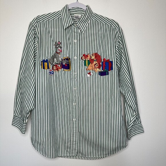 Vintage Disney Shirt Striped Embroidered Lady and the Tramp Christmas Medium - Picture 1 of 12